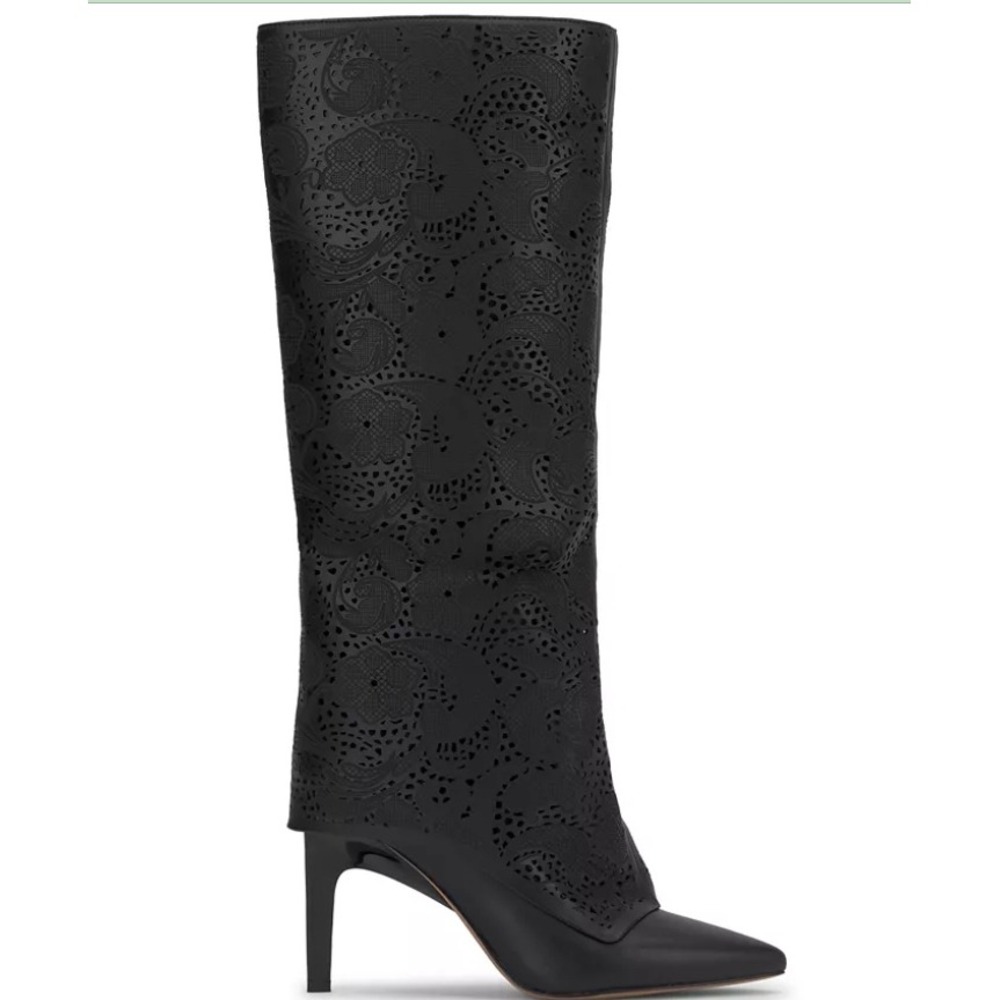 Jessica Simpson Black Laser Cut Lace Leather Tall Knee High Heel Boot‎ 6M NEWs